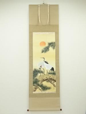 石河暁風筆　松上双鶴　肉筆絹本掛軸（共箱）